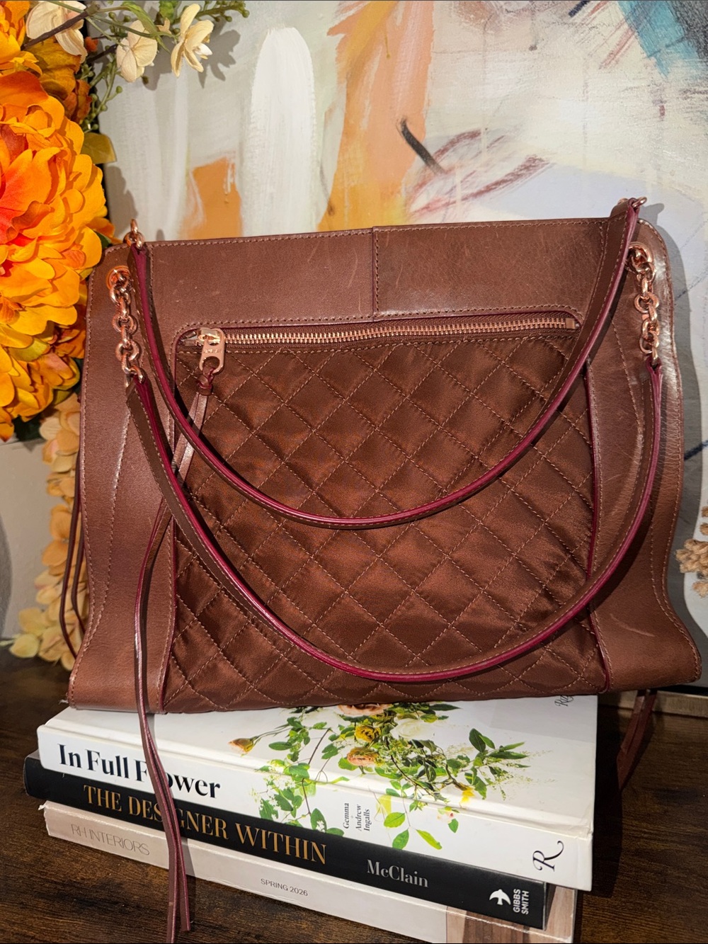 MZ Wallace Quilted Brown Shoulder Bag with Rose Gold Hardware